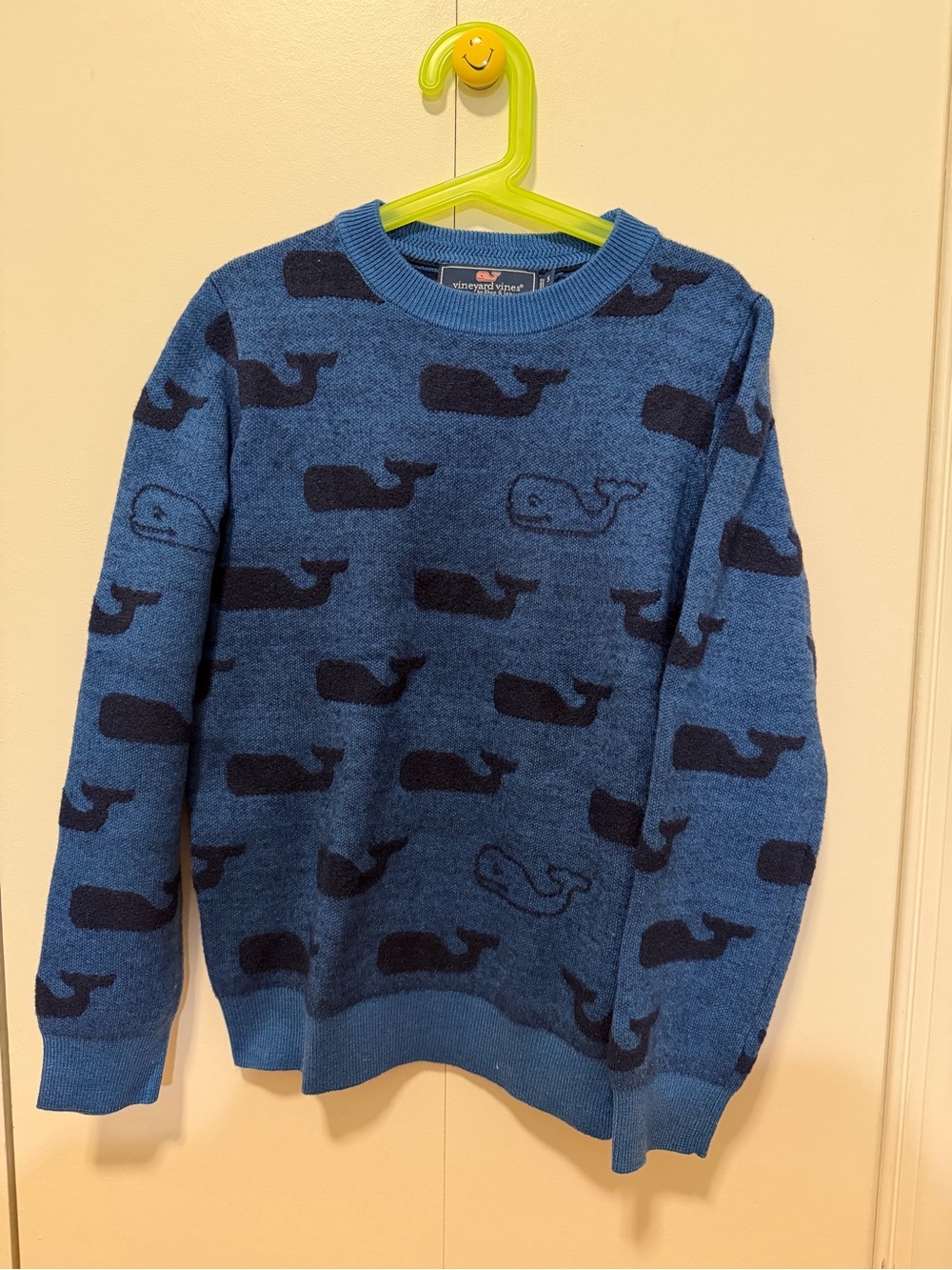 Vineyard Vines Blue Crewneck Jacquard Sweater with Navy Whale Motif
